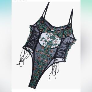 Elegant Black and Green Lace Bodysuit